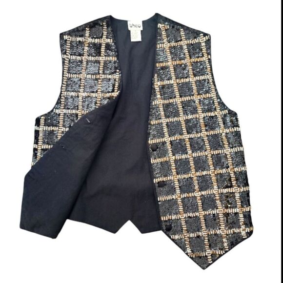 VTG 90s Black White Gold Sequins Beaded Checkered Formal Vest Medium - Picture 8 of 16